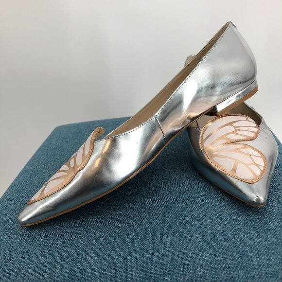 Sophia Webster Bibi Butterfly Silver Metallic Patent-leather Point-toe Flats 6.5 - Picture 14 of 16